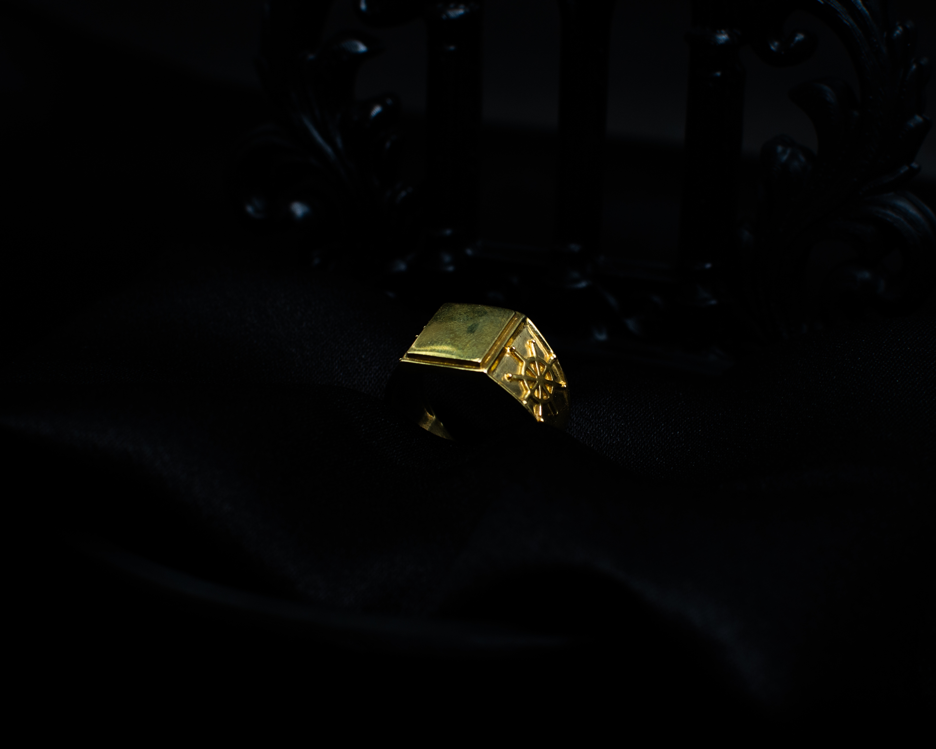Panchadhatu Signet Ring 5 support view on black satin