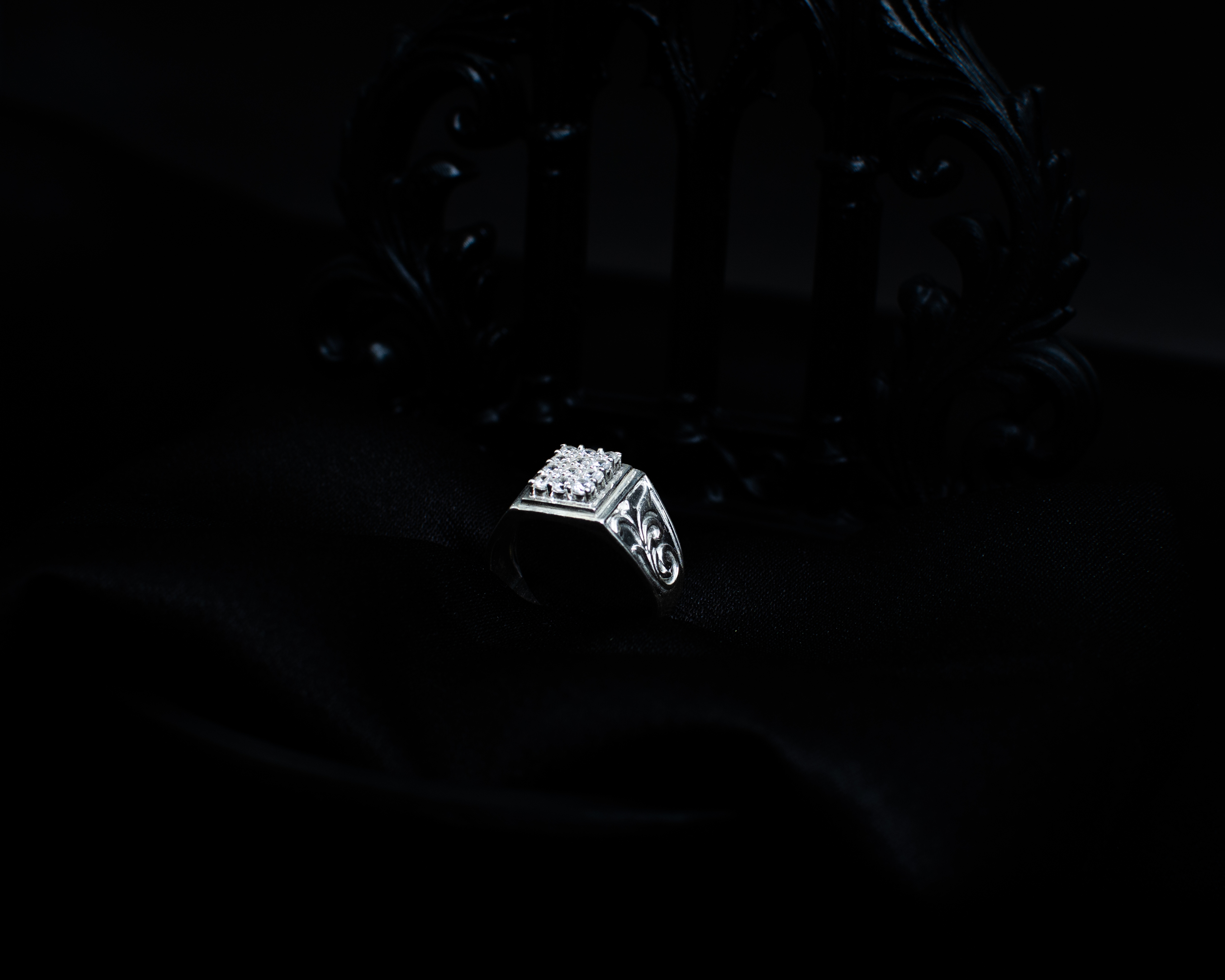 Silver Square Ring wide view on black satin display