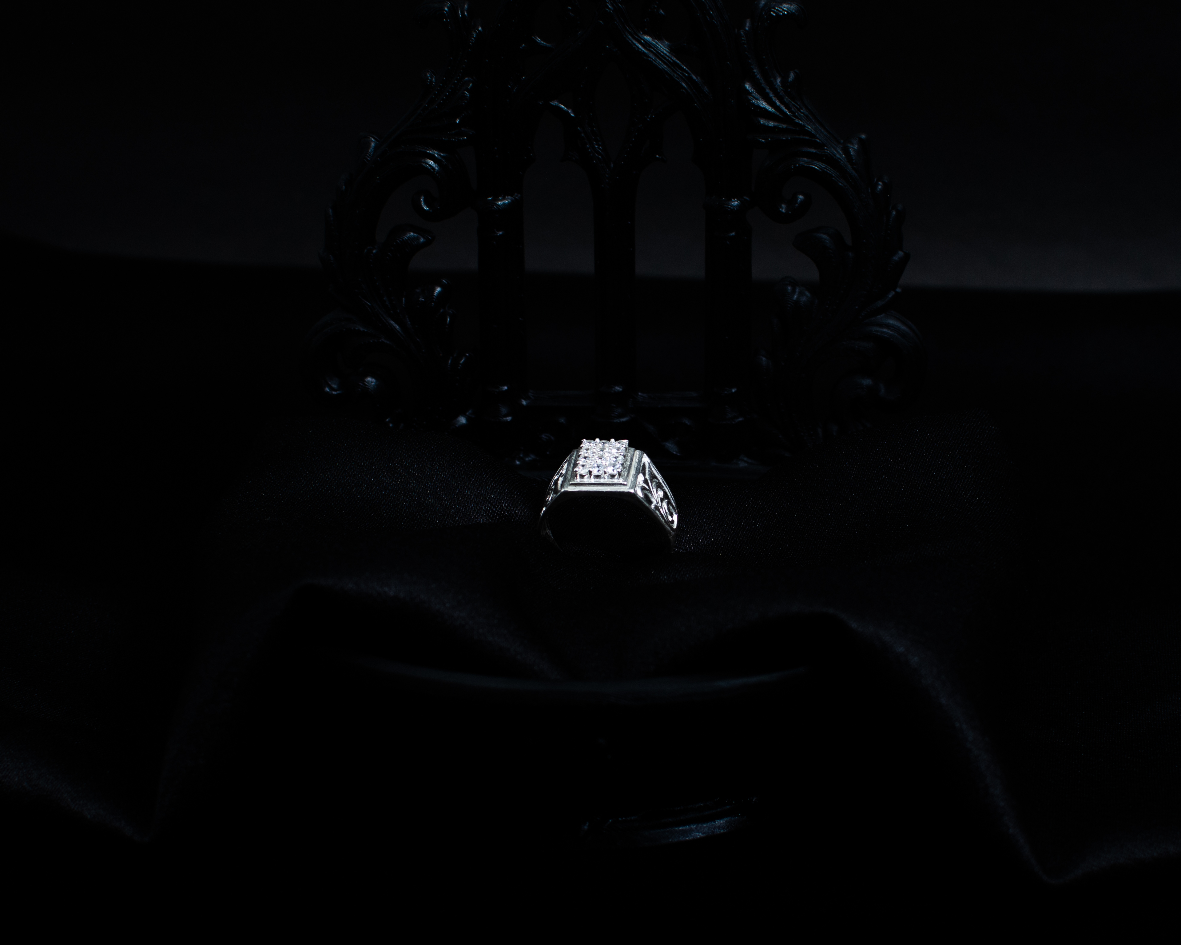 Silver Square Ring front view on black satin