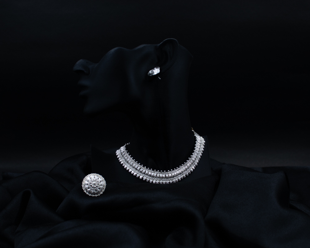 Silichung necklace, ring, and earring set on black display