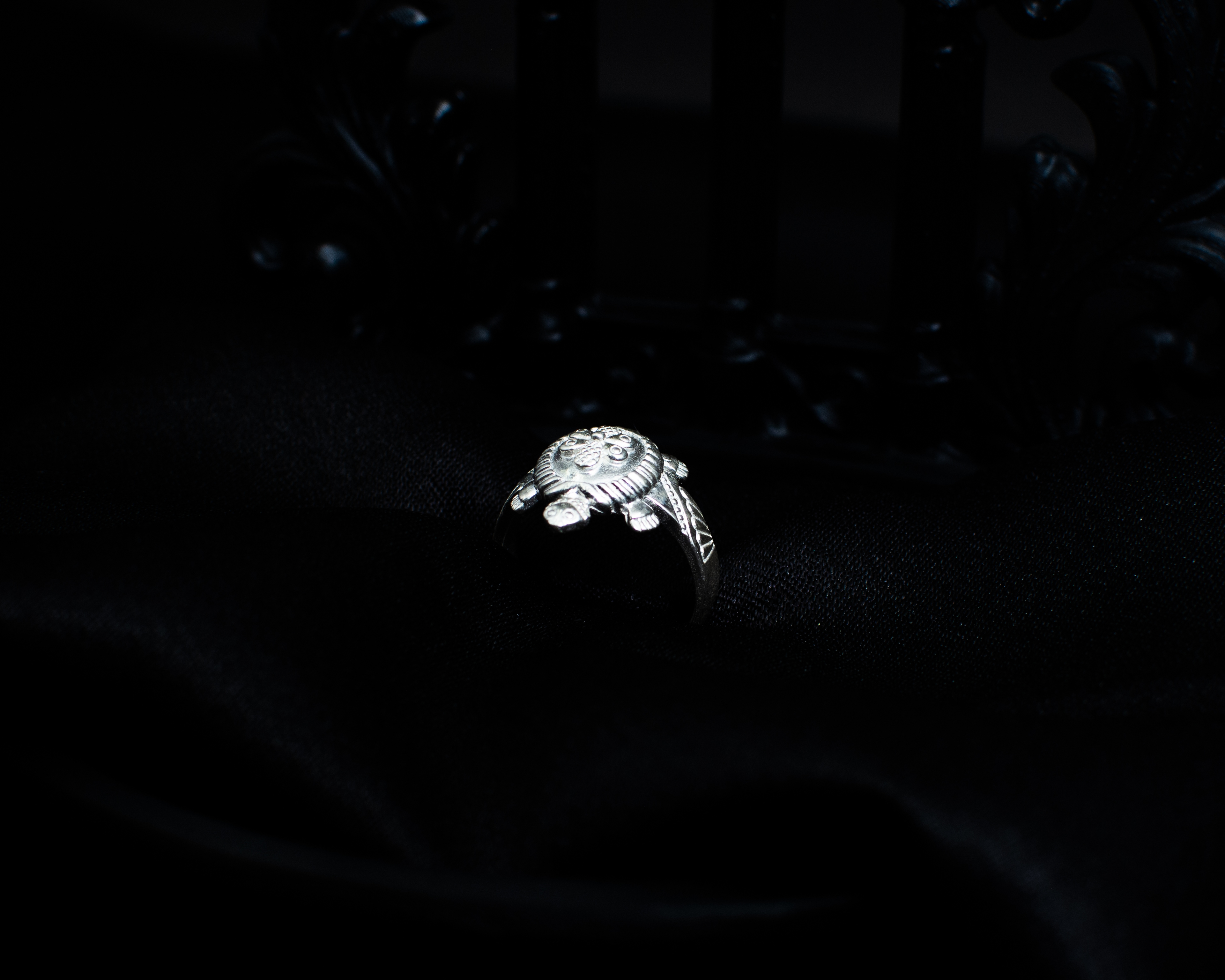 Silver Turtle Ring 2 shell detail view on black satin