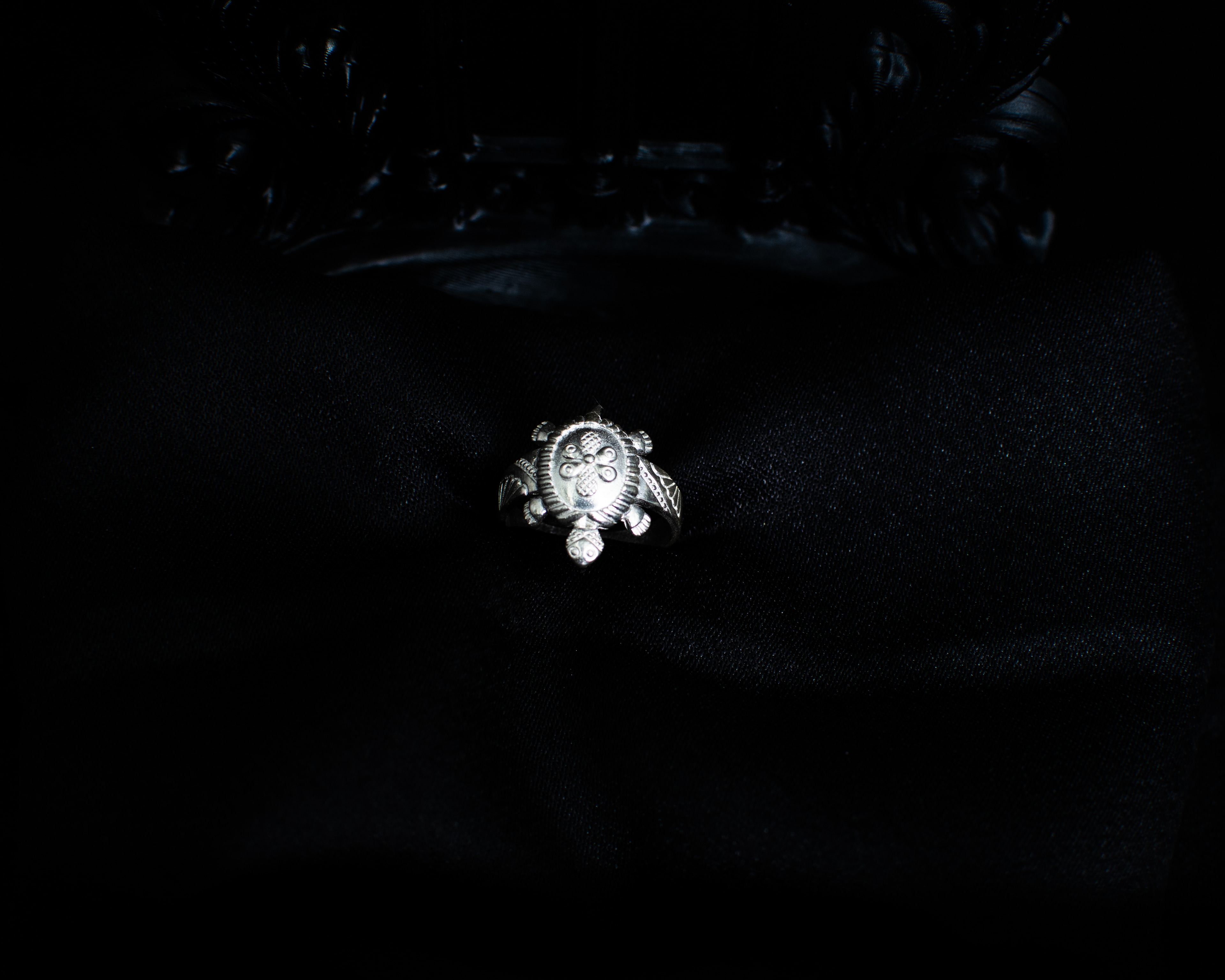 Silver Turtle Ring 2 front view on black satin
